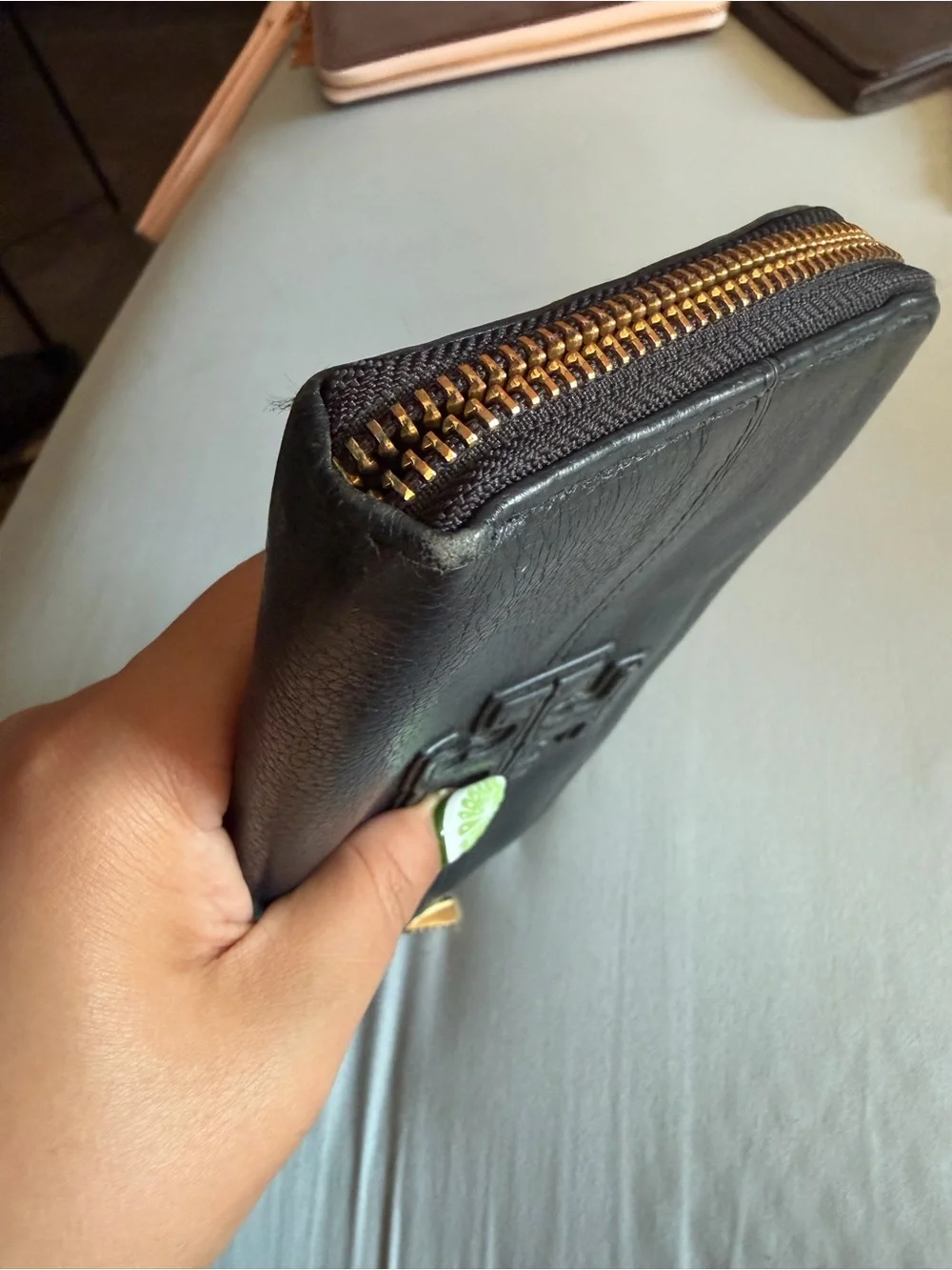 Tory Burch Black Leather Zip-Around Wallet with Logo
